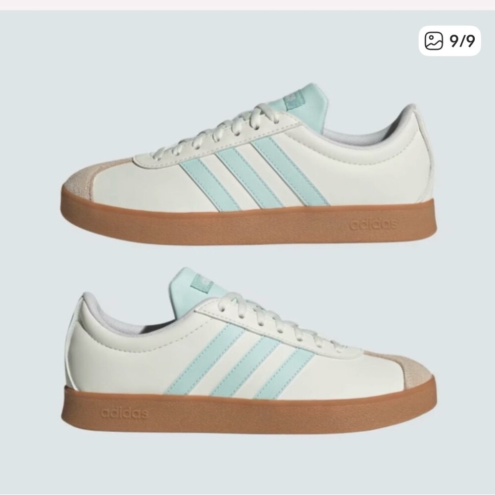 adidas White Sneakers with Light Blue Stripes and Gum Sole